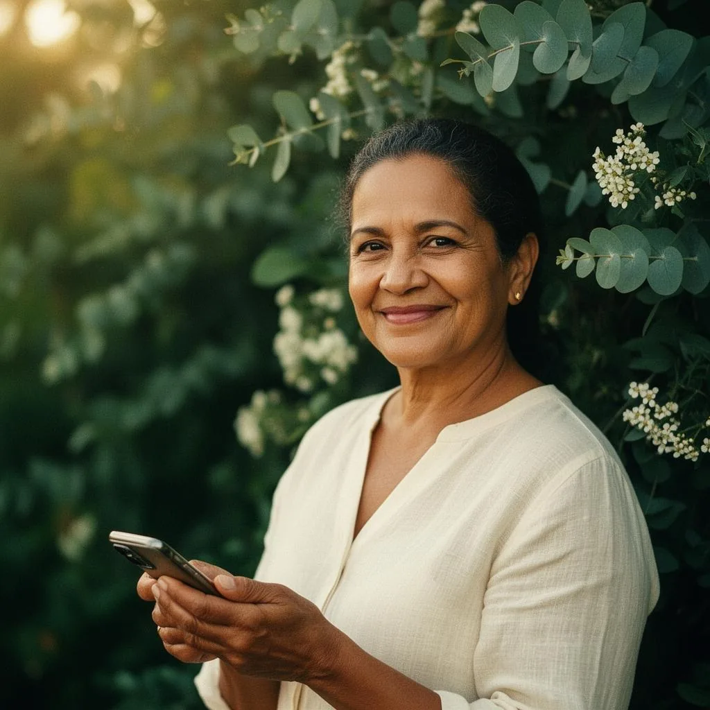 Embaixadora da Comunidade Vivendo do Natural, mulher 50+ sorrindo com celular em jardim natural